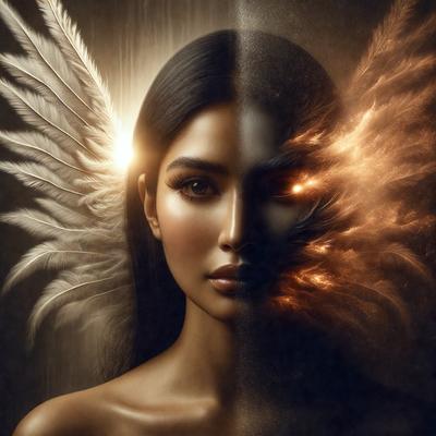 The primary subject of the image is a woman with long hair. She is depicted in two different styles: one with a more angelic appearance, and the other with a demonic look. The setting is a dark, moody environment, with the woman's face being the main focus of the image. The visual style is a digital art or illustration, with the woman's face being the main object of the scene. The colors and mood of the image are dark and dramatic, with the woman's face being